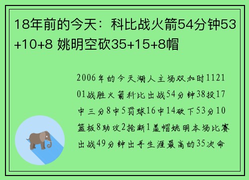 18年前的今天：科比战火箭54分钟53+10+8 姚明空砍35+15+8帽