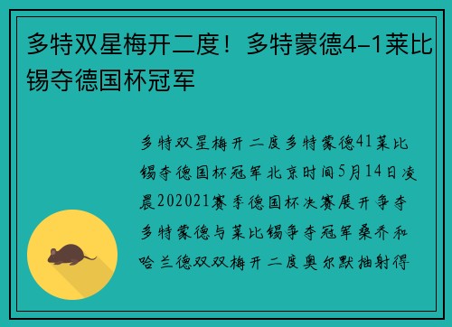 多特双星梅开二度！多特蒙德4-1莱比锡夺德国杯冠军