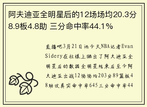 阿夫迪亚全明星后的12场场均20.3分8.9板4.8助 三分命中率44.1%