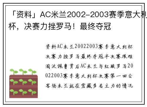 「资料」AC米兰2002-2003赛季意大利杯，决赛力挫罗马！最终夺冠