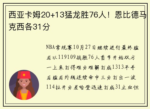 西亚卡姆20+13猛龙胜76人！恩比德马克西各31分